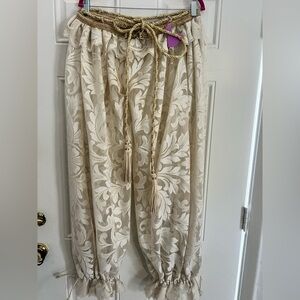 Cream Sheer Floral Lace ballon pant with Gold Tiebacks and ankle ties.